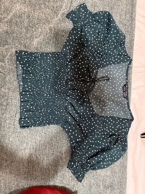 SHEIN Teal Green Polka Dot Tie-Front Smocked Top